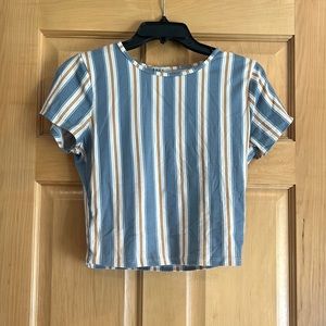 Blue, yellow/orange and white striped medium tee